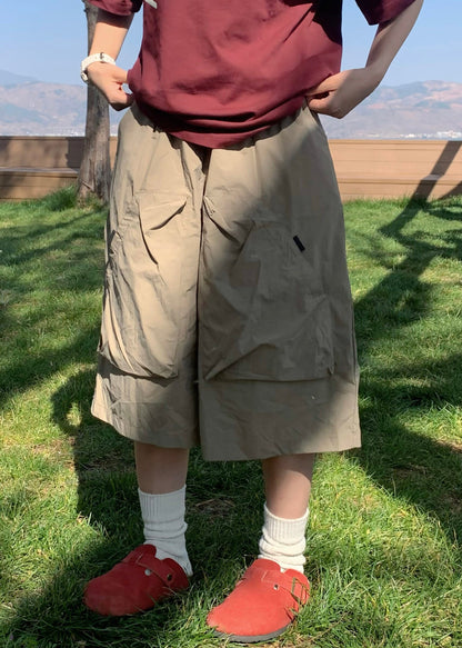 Simple Khaki Pockets Drawstring Crop Pants Summer