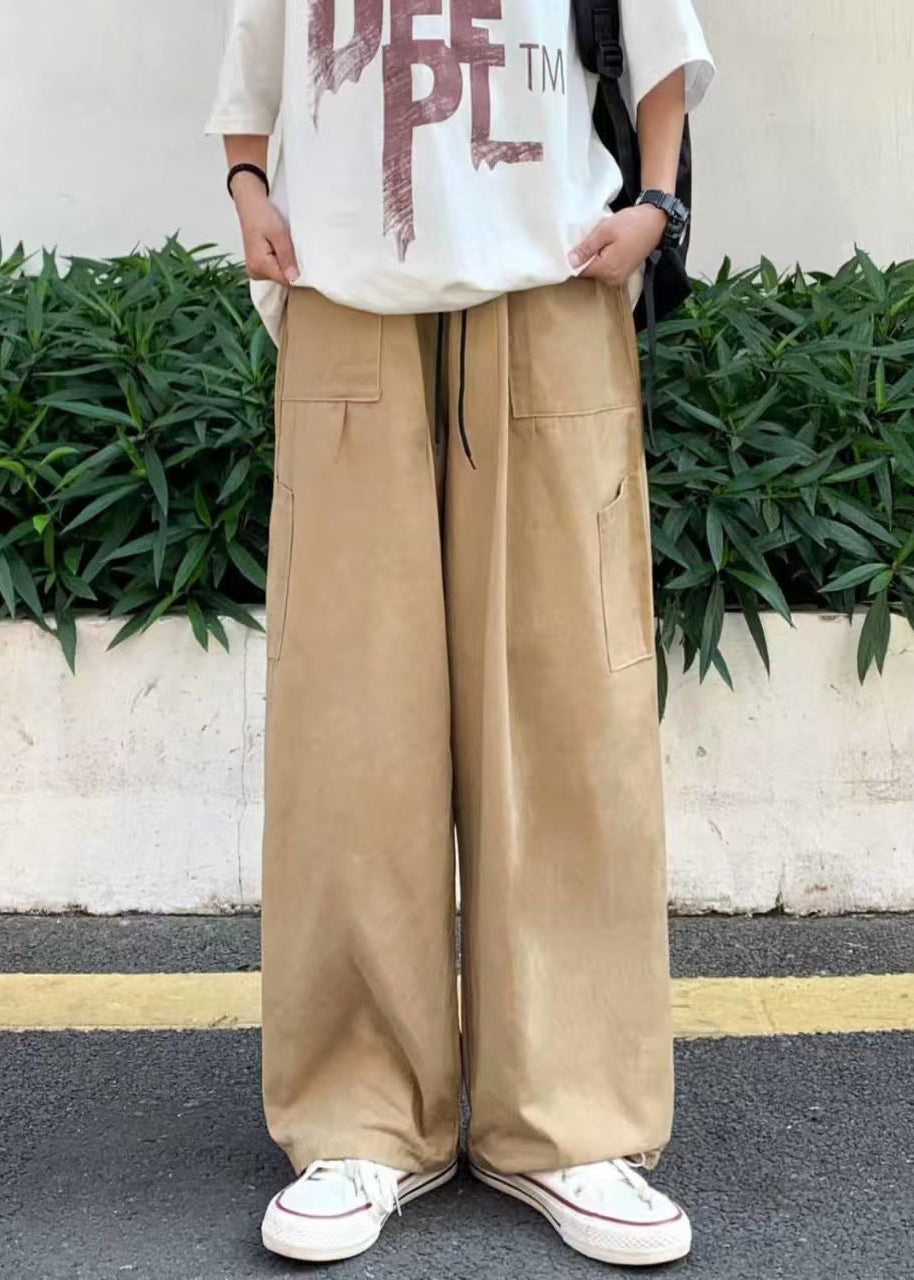 Simple Khaki Pockets Elastic Waist Cotton Wide Leg Pants Summer