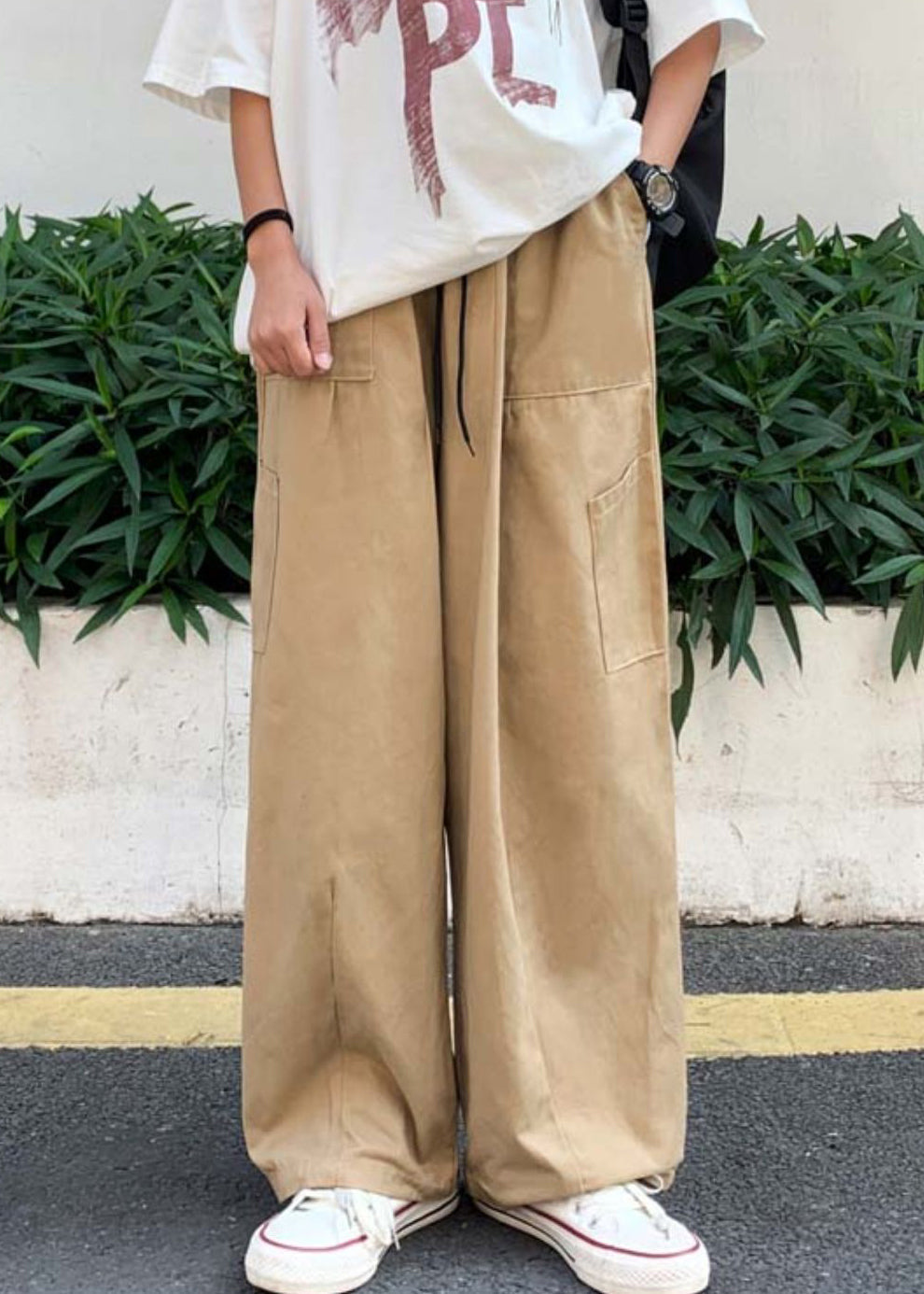 Simple Khaki Pockets Elastic Waist Cotton Wide Leg Pants Summer