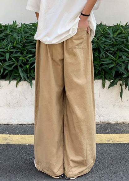 Simple Khaki Pockets Elastic Waist Cotton Wide Leg Pants Summer
