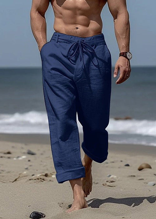 Simple Khaki Pockets Elastic Waist Cotton Pants Summer