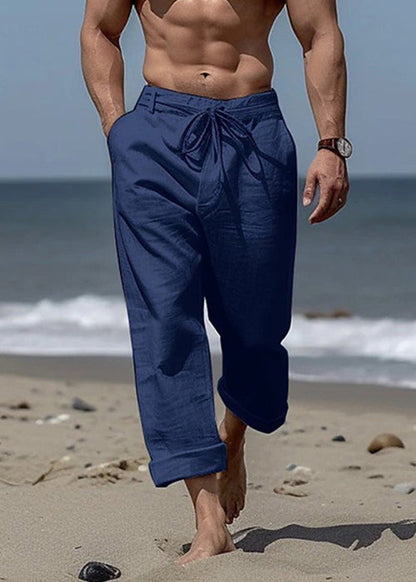 Simple Khaki Pockets Elastic Waist Cotton Pants Summer