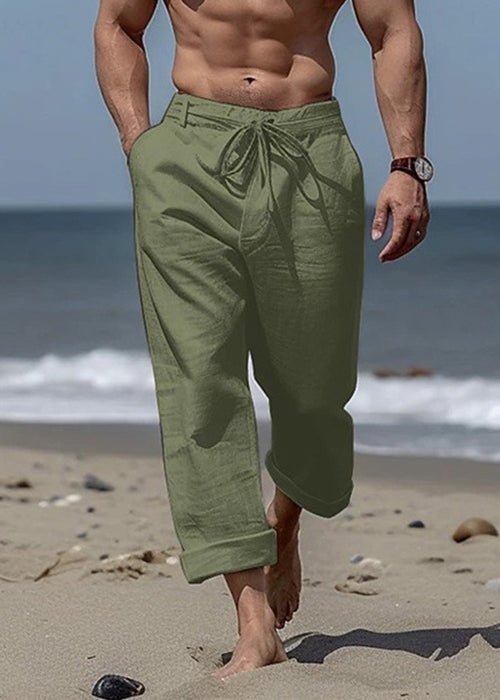 Simple Khaki Pockets Elastic Waist Cotton Pants Summer