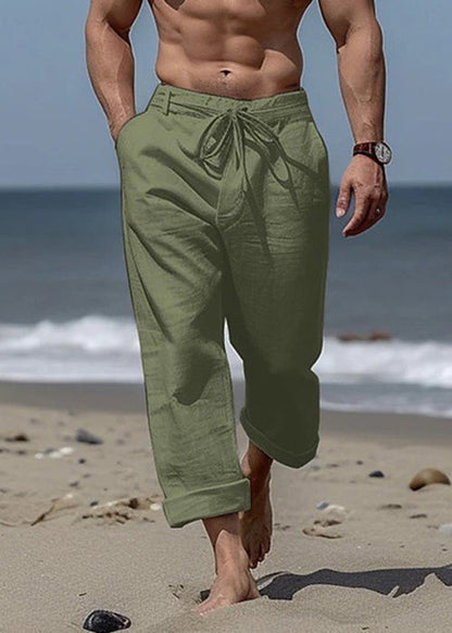 Simple Khaki Pockets Elastic Waist Cotton Pants Summer