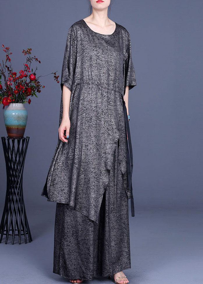 Simple Khaki Print Silk Tie Waist Wide Leg Two Pieces Set