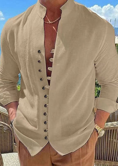 Simple Khaki Stand Collar Button Solid Cotton Men's Shirts Fall