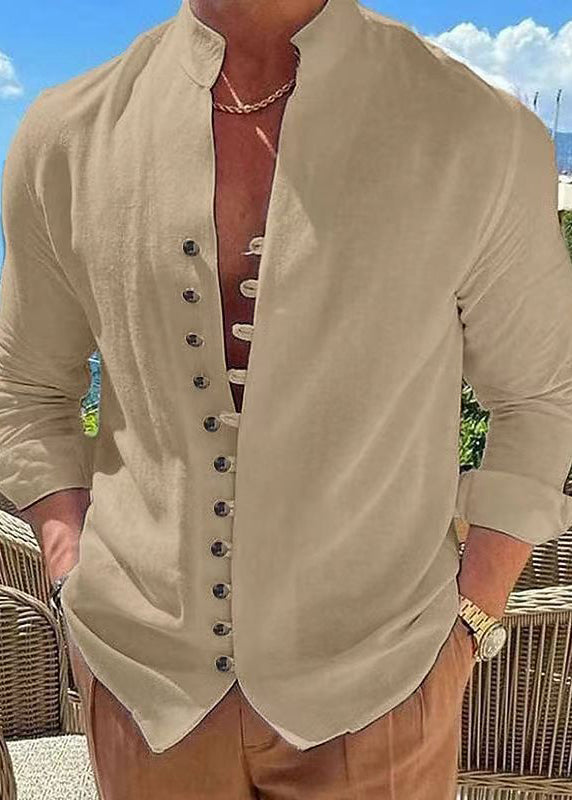 Simple Khaki Stand Collar Button Cotton Shirts Fall