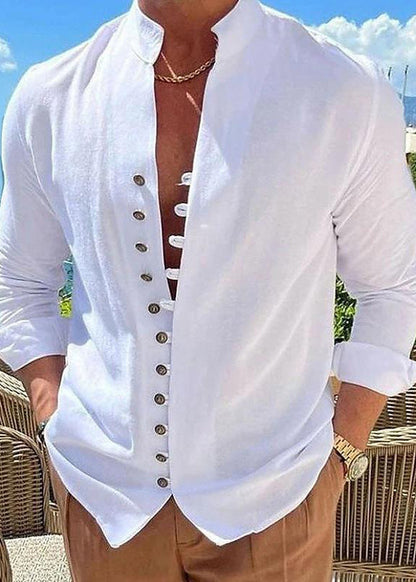 Simple Khaki Stand Collar Button Solid Cotton Men's Shirts Fall
