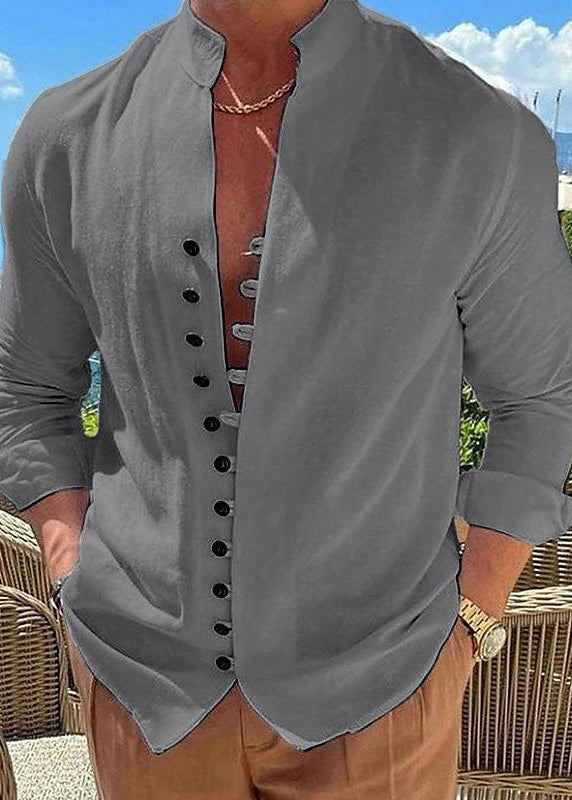 Simple Khaki Stand Collar Button Solid Cotton Men's Shirts Fall