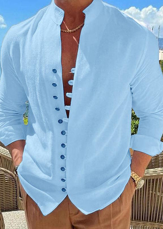 Simple Khaki Stand Collar Button Cotton Shirts Fall