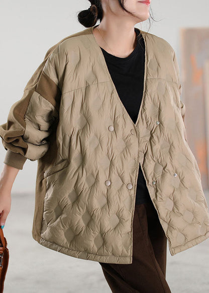 Simple Khaki V Neck Patchwork Duck Down Coat Winter