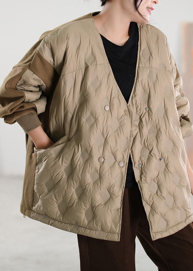 Simple Khaki V Neck Patchwork Duck Down Coat Winter