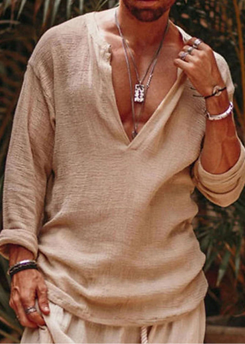Simple Khaki V Neck Loose Linen Shirts Fall