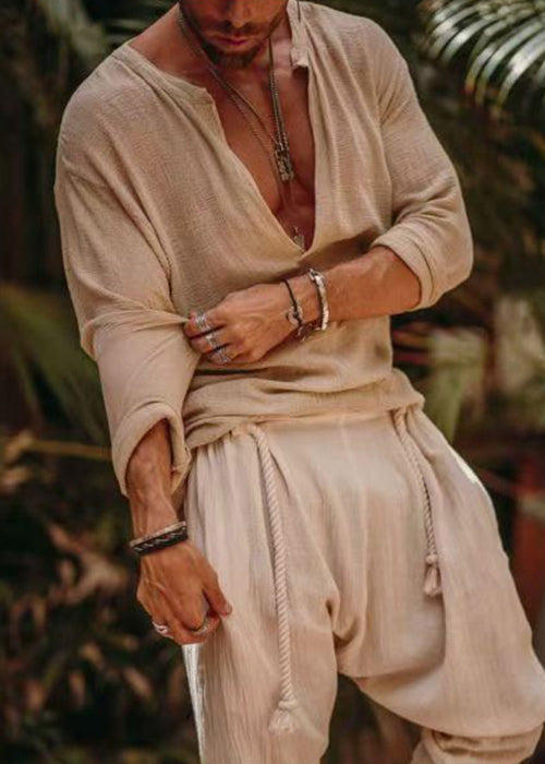 Simple Khaki V Neck Loose Linen Shirts Fall