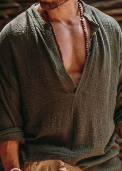 Simple Khaki V Neck Solid Loose Linen Mens Shirts Fall