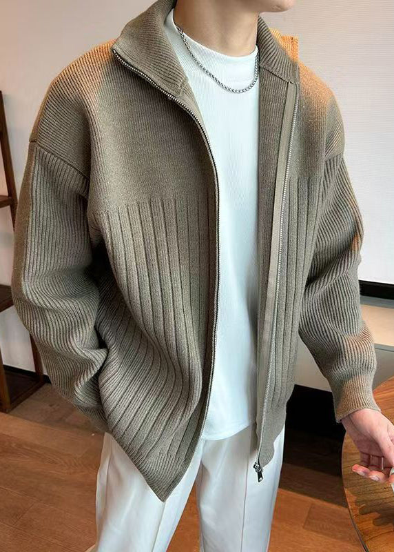Simple Khaki Zip Up Cozy Knit Coats Spring