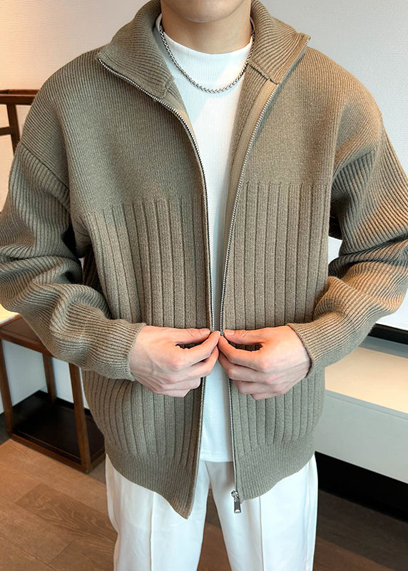 Simple Khaki Zip Up Cozy Knit Coats Spring
