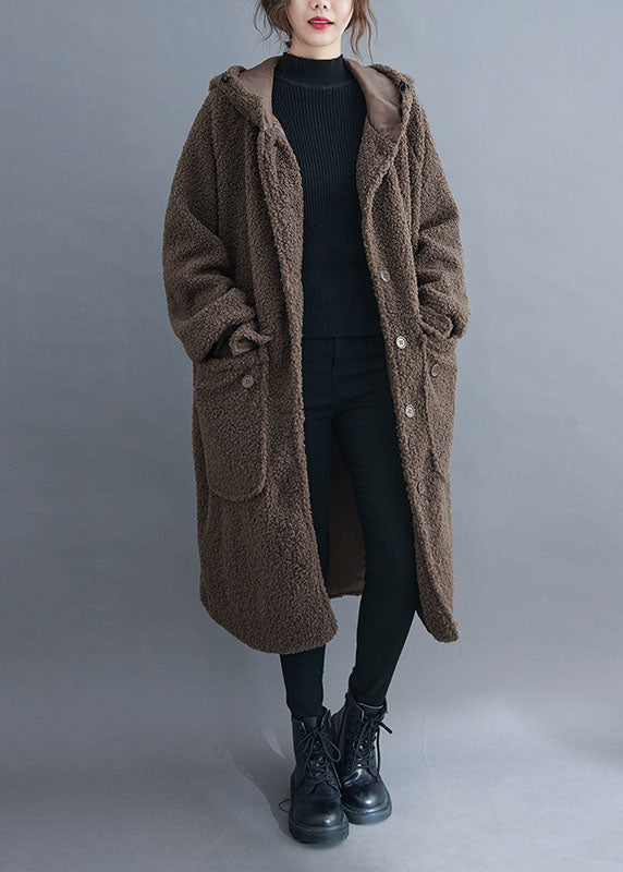 Simple Khaki Hooded Pockets Button Winter Long Sleeve Parka