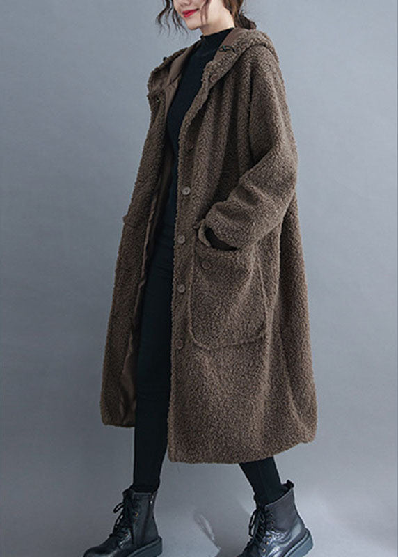 Simple Khaki Hooded Pockets Button Winter Long Sleeve Parka