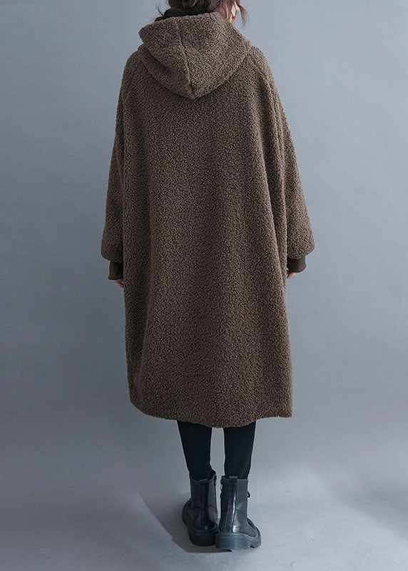 Simple Khaki Hooded Pockets Button Winter Long Sleeve Parka