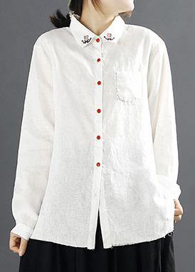 Simple Lapel Embroidery top Pattern White Blouses