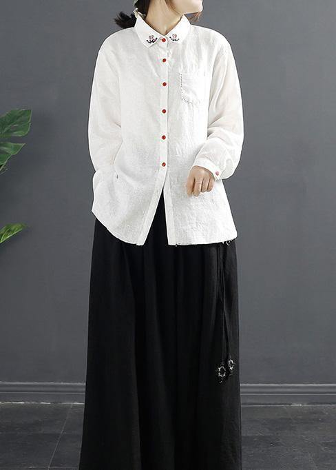 Simple Lapel Embroidery top Pattern White Blouses
