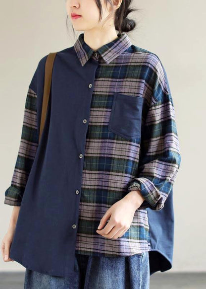 Simple Lapel Patchwork Tops Women Blouses Wardrobes Blue Plaid Blouse