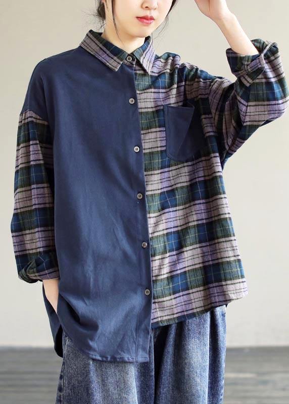 Simple Lapel Patchwork Tops Women Blouses Wardrobes Blue Plaid Blouse