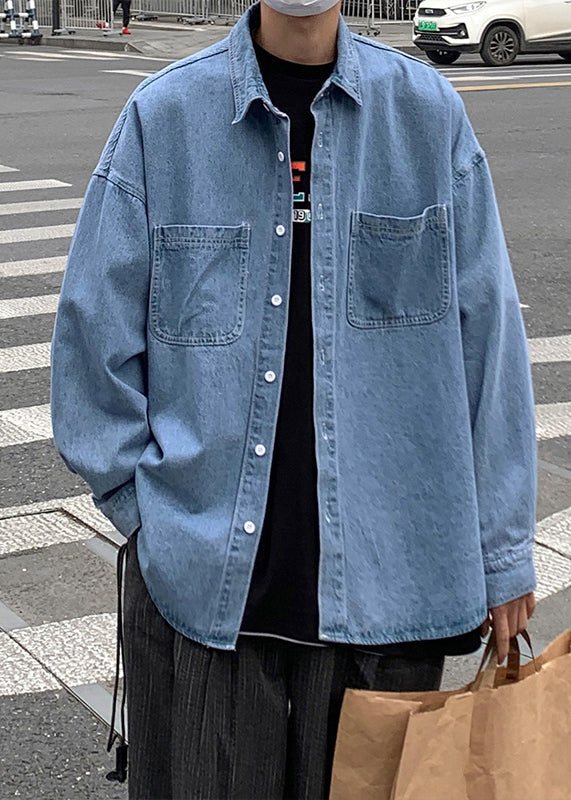 Simple Light Blue Button Pockets Denim Mens Shirts Spring