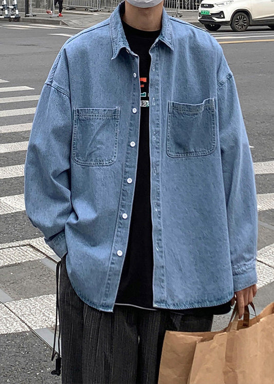 Simple Light Blue Button Pockets Denim Mens Shirts Spring