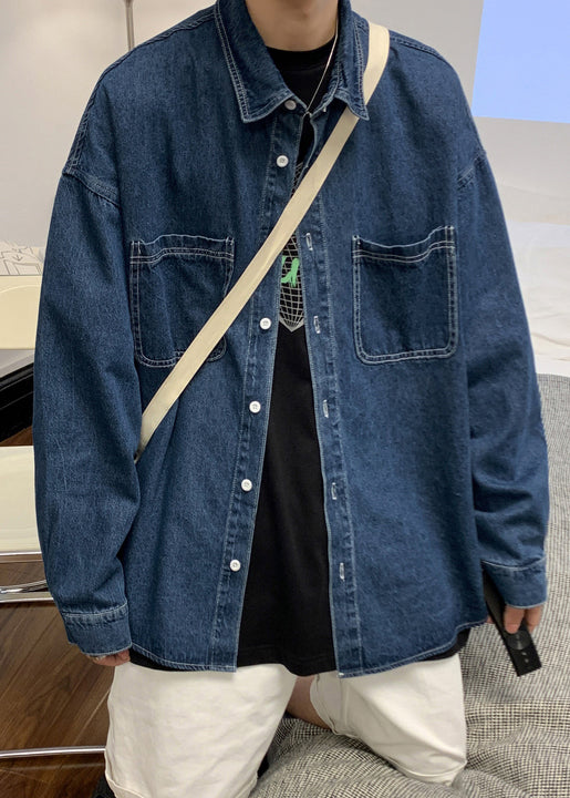 Simple Light Blue Button Pockets Denim Mens Shirts Spring