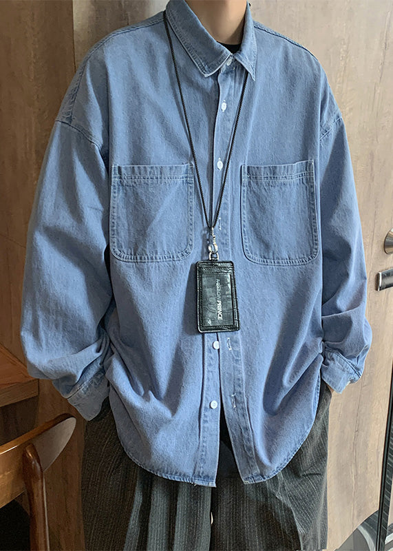 Simple Light Blue Button Pockets Denim Mens Shirts Spring