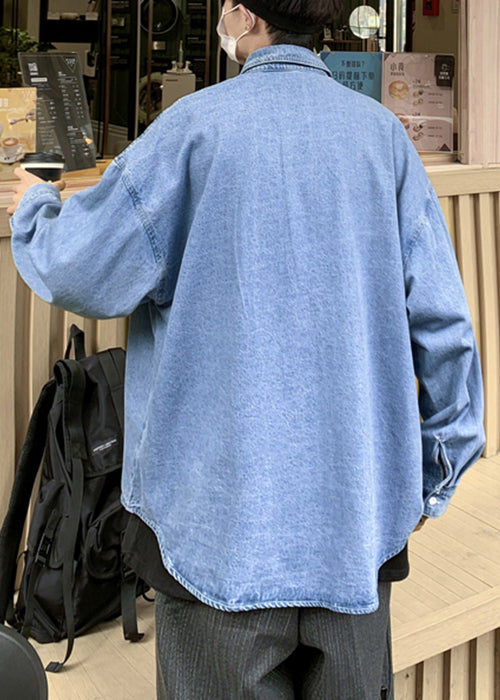Simple Light Blue Button Pockets Denim Shirts Spring