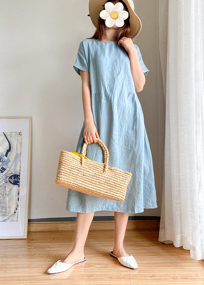 Simple Light Blue O-neck Cinched Linen Blouse Tops Short Sleeve