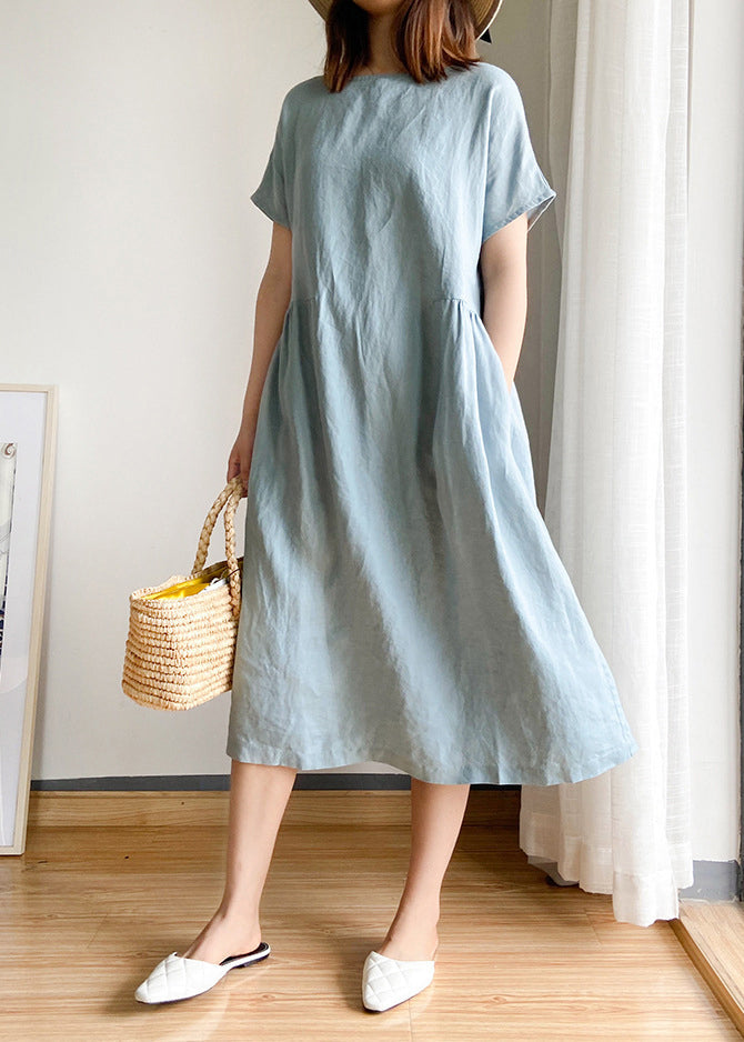Simple Light Blue O-neck Cinched Linen Blouse Tops Short Sleeve