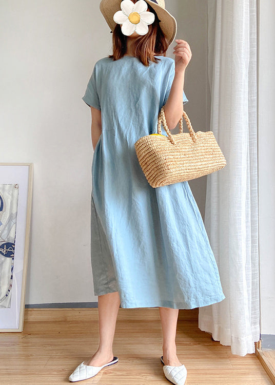 Simple Light Blue O-neck Cinched Linen Blouse Tops Short Sleeve