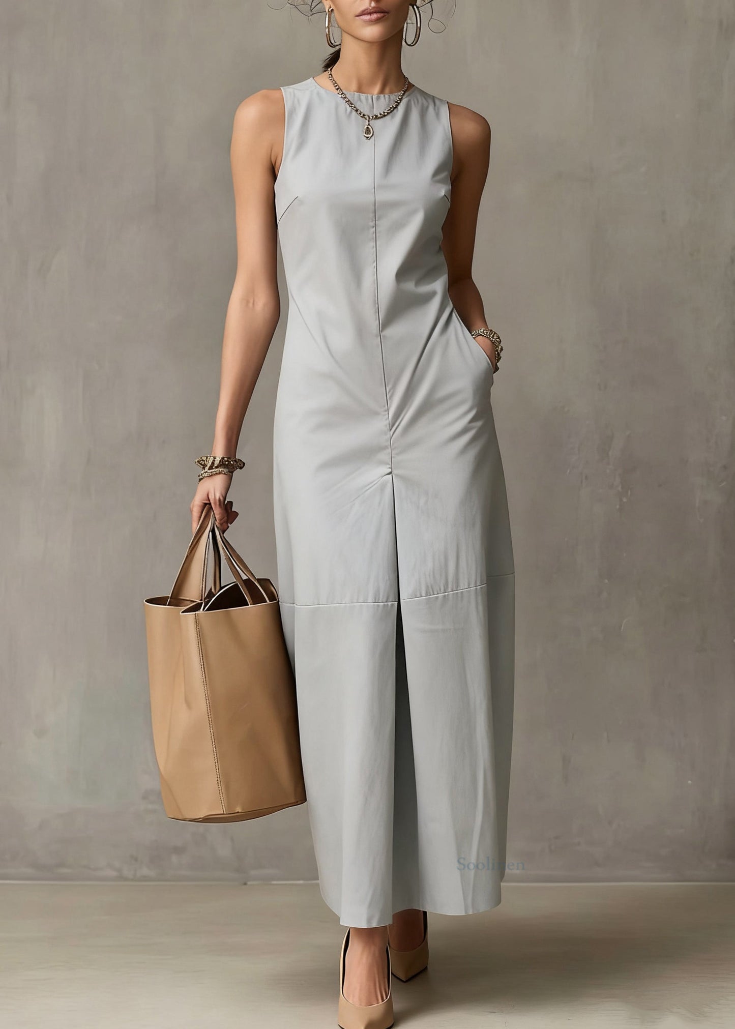Simple Light Blue Pockets Cotton Long Dresses Sleeveless