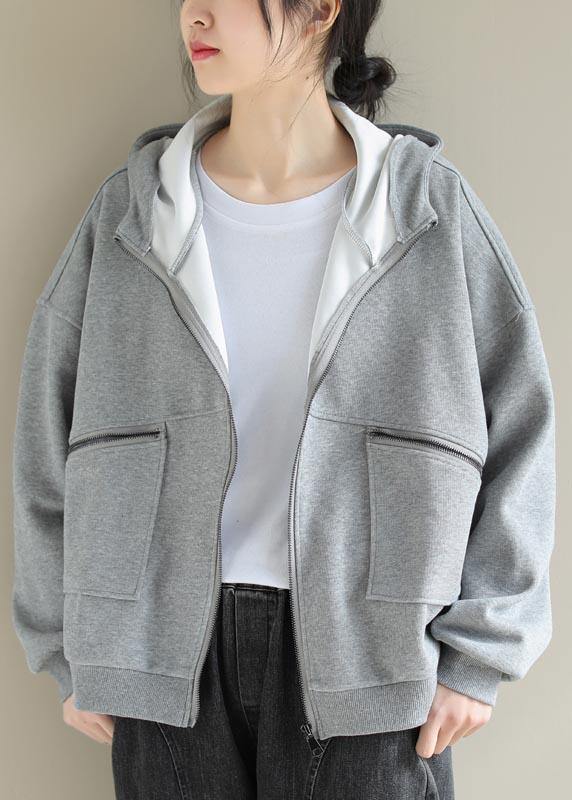 Simple Light Gray Coat for Woman Tops Hooded Zip Up Spring Coats