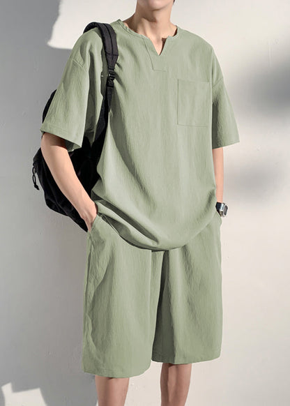 Simple Light Green T Shirt and Hot Pants Two Pieces Set Summer
