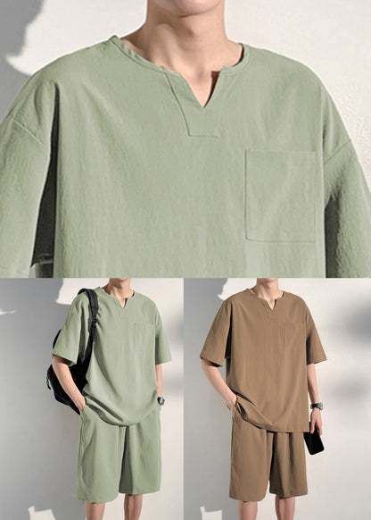 Simple Light Green T Shirt and Hot Pants Two Pieces Set Summer