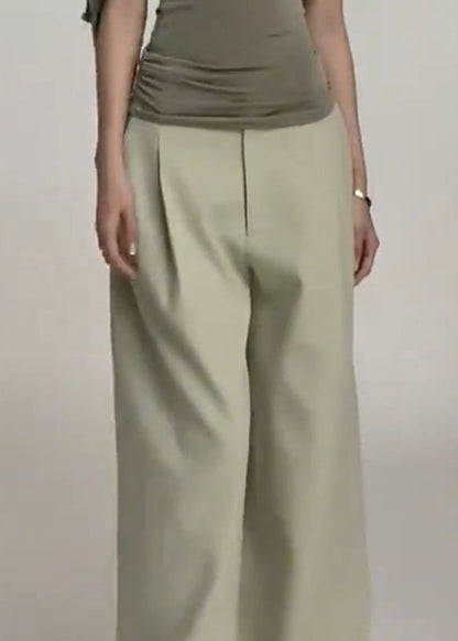 Simple Light Green Pockets High Waist Spandex Wide Leg Pants Fall