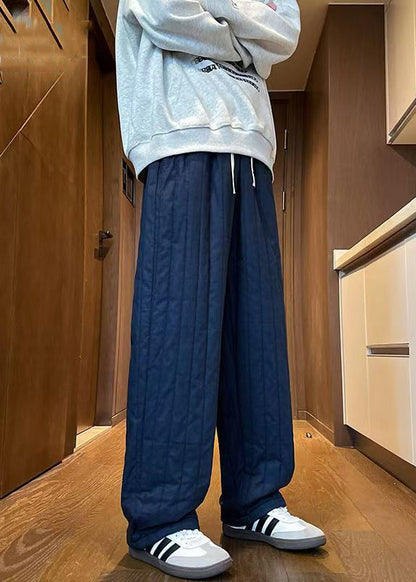 Simple Navy Elastic Waist Thick Pants Winter