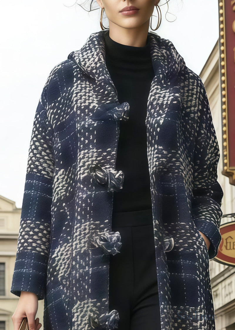 Simple Navy Hooded Plaid Chinese Button Woolen Coat Winter