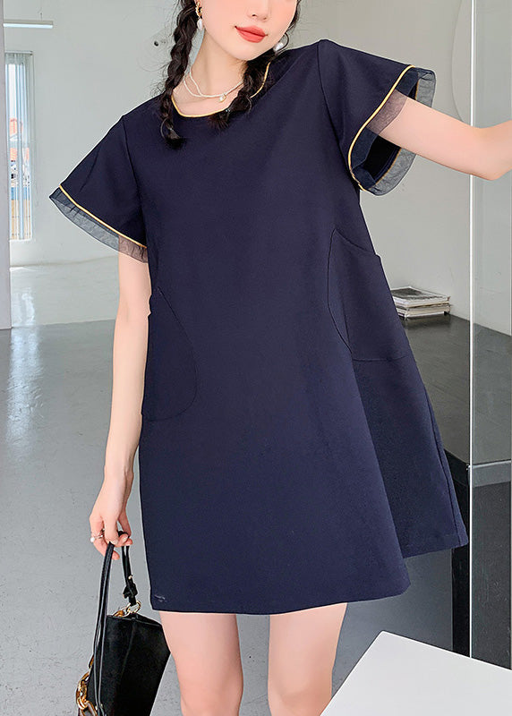 Simple Navy O-neck Patchwork Mid Dress Short Sleeve