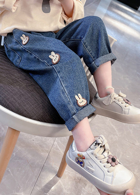 Simple Navy Patchwork Elastic Waist Dnim Pants