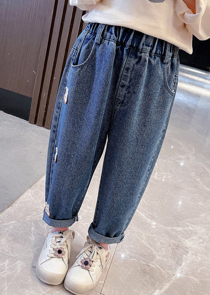 Simple Navy Patchwork Elastic Waist Dnim Pants