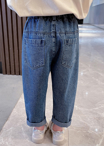 Simple Navy Patchwork Elastic Waist Dnim Pants
