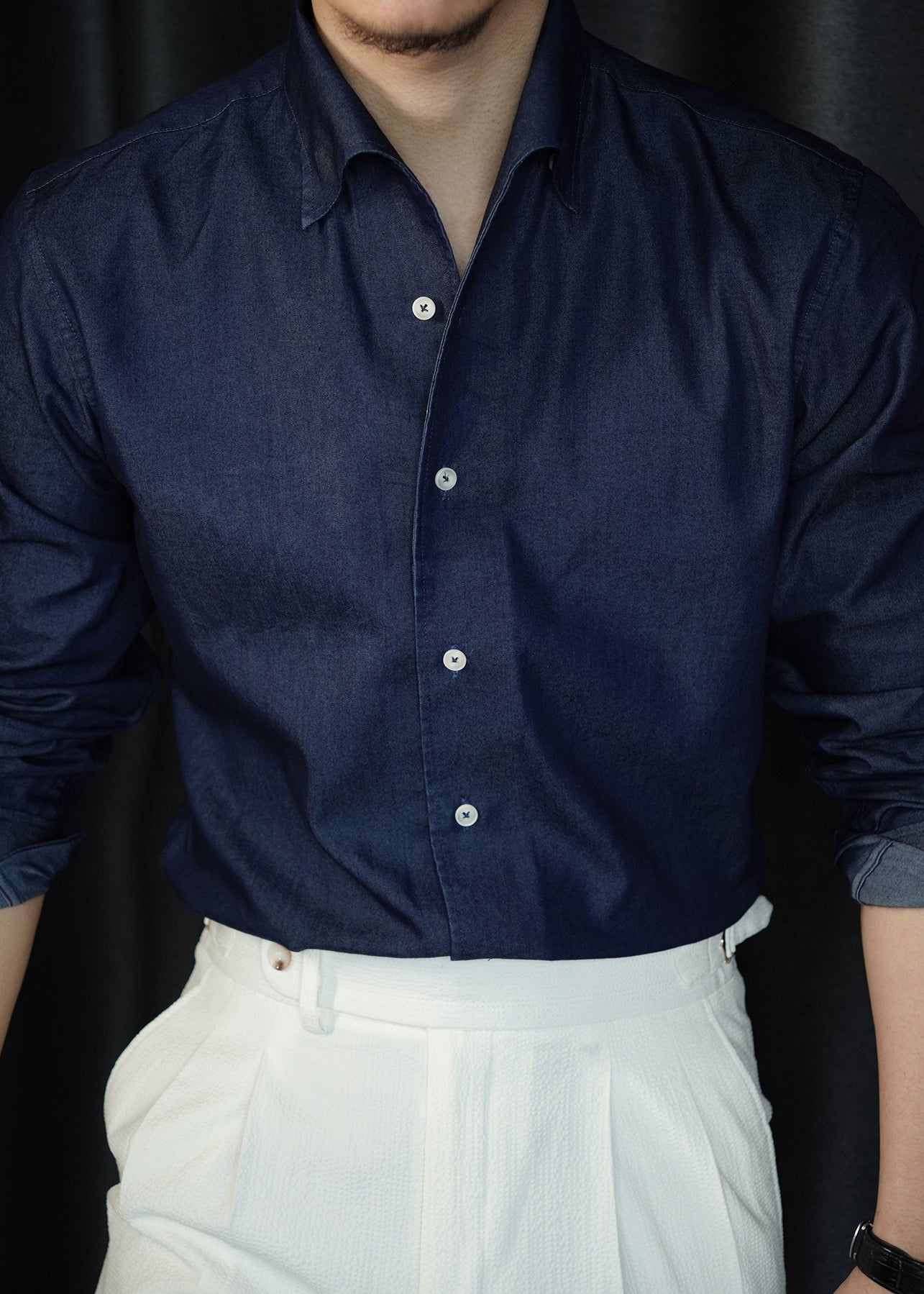 Simple Navy Peter Pan Collar Solid Denim Shirts Mens Fall