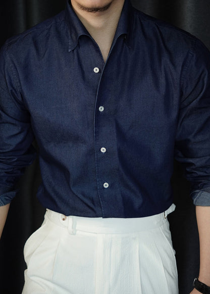 Simple Navy Peter Pan Collar Solid Denim Shirts Mens Fall