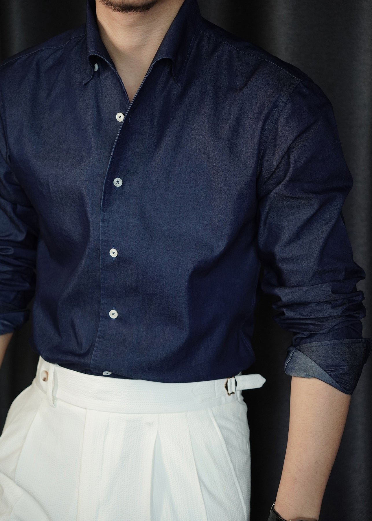 Simple Navy Peter Pan Collar Solid Denim Shirts Mens Fall